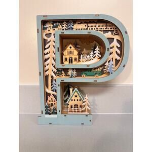 Wooden Light-Up Letter “P” whimsical Christmas Village Scene Decor Anthropologie